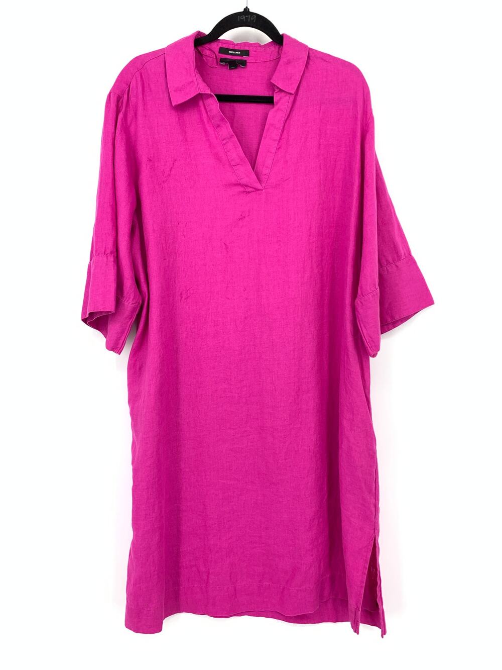 C&A Split Neck Short Sleeve A-Line Linen Dress Womens Size EUR 40 US M Hot Pink